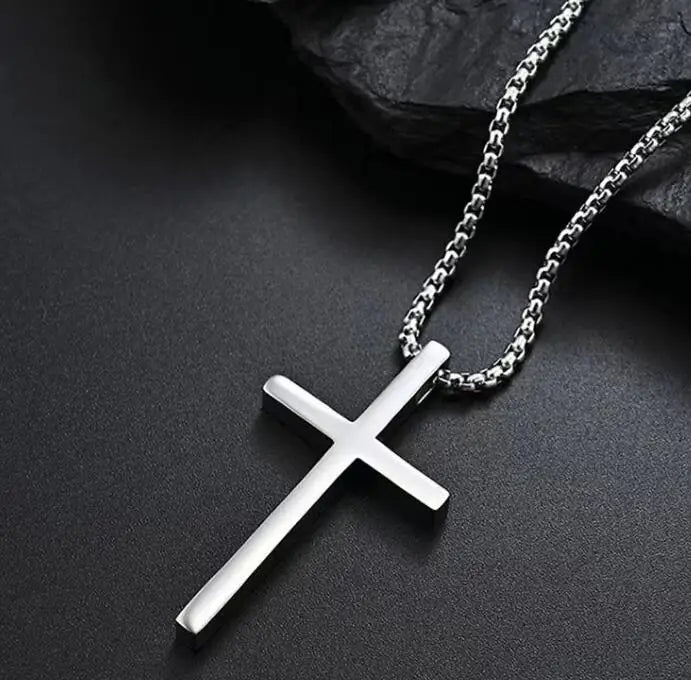 Wholesale Men's Accessories Christian Heavy Link Box Chain with Jesus Cross Stainless Steel Pendant Sweater Necklace