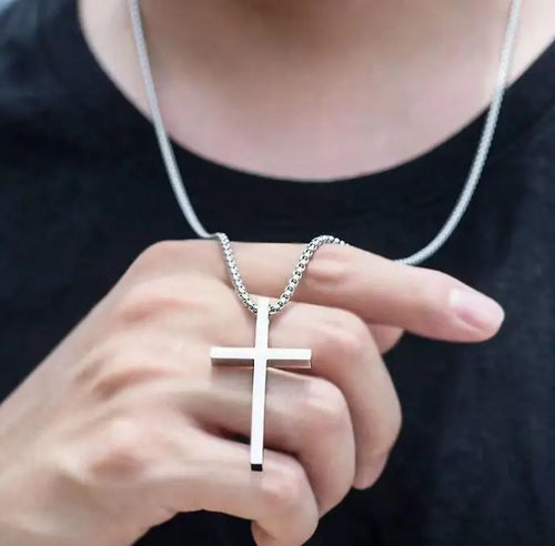 Wholesale Men's Accessories Christian Heavy Link Box Chain with Jesus Cross Stainless Steel Pendant Sweater Necklace