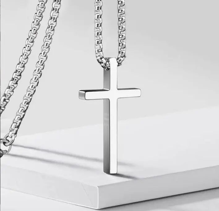 Wholesale Men's Accessories Christian Heavy Link Box Chain with Jesus Cross Stainless Steel Pendant Sweater Necklace