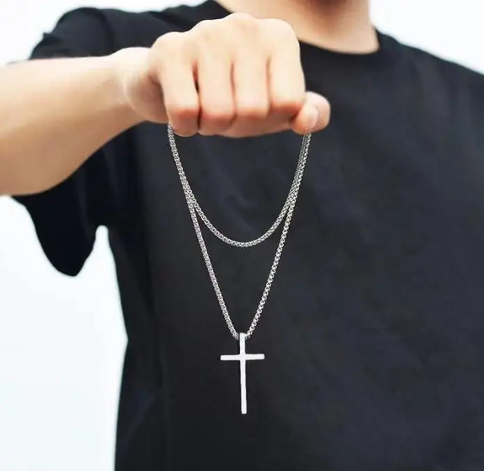 Wholesale Men's Accessories Christian Heavy Link Box Chain with Jesus Cross Stainless Steel Pendant Sweater Necklace